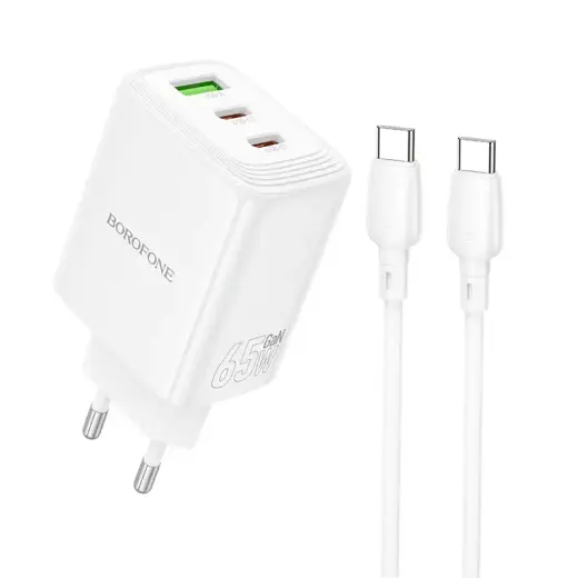 Зарядное устройство Borofone BN32 | 65W | PD, QC, GaN | USB-C, USB-A | с кабелем USB-C на USB-C в комплекте | белое