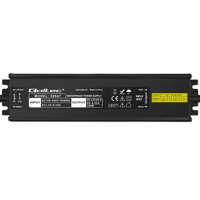 Qoltec LED Driver IP67 100W | 12V | 8.3A | Waterproof | Black