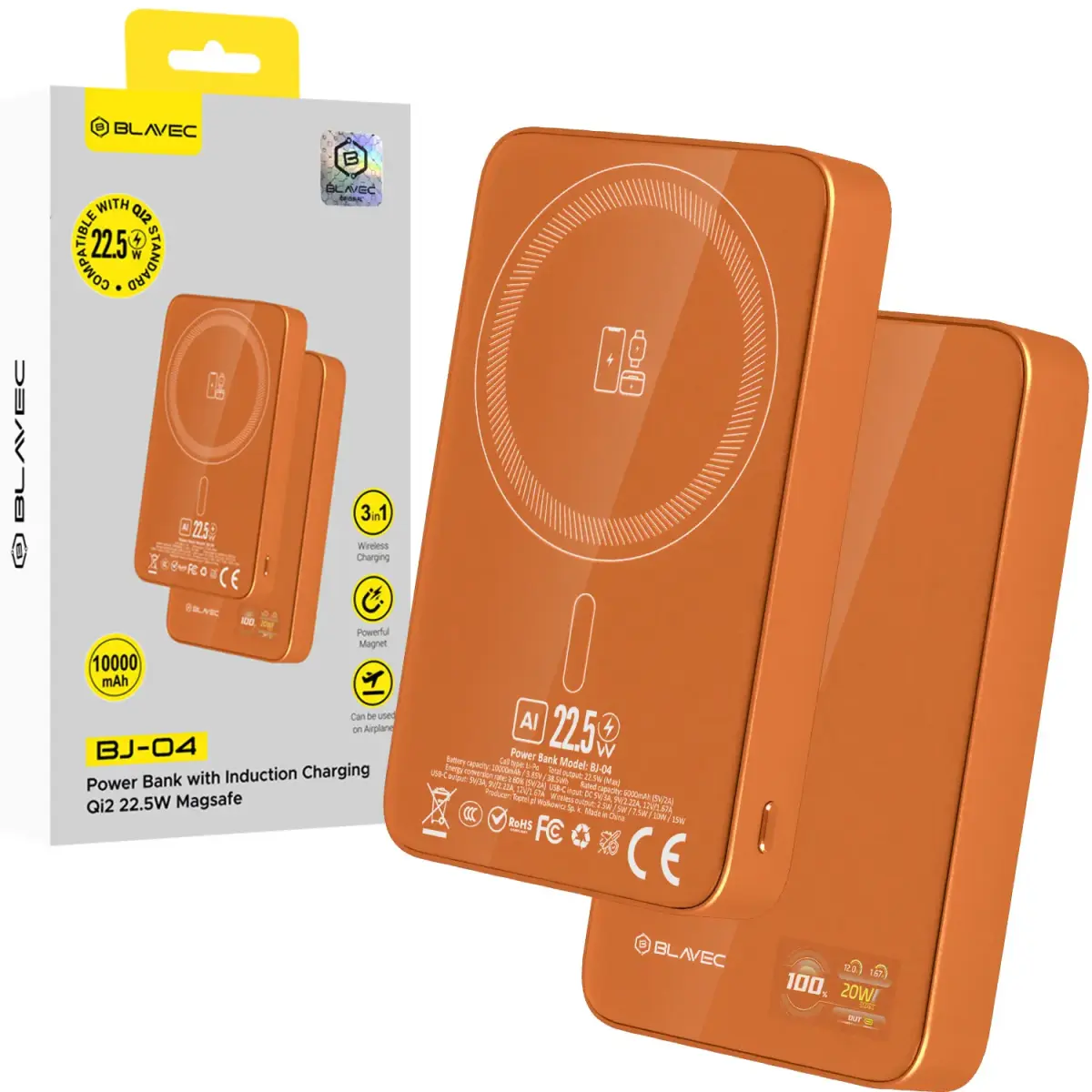 Blavec BJ-04 Slim išorinė baterija (powerbank) | 10 000 mAh | 22.5W | USB-C, Wireless, MagSafe | oranžinis