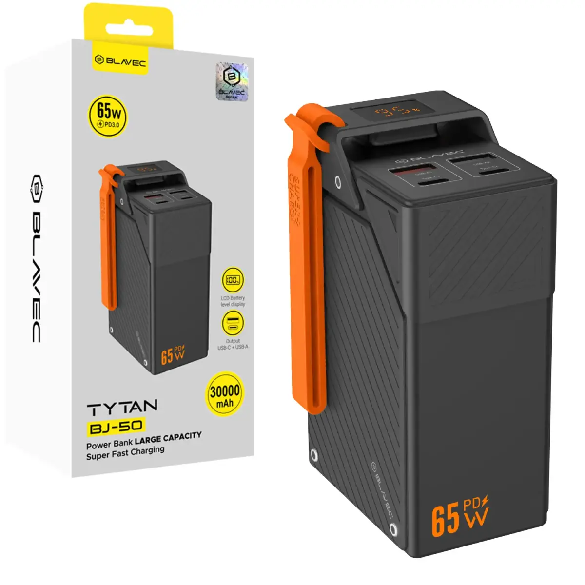 Blavec BJ-50 Tytan ārējais akumulators (powerbank) | 30 000 mAh | 65W | USB-C, USB-A | melns