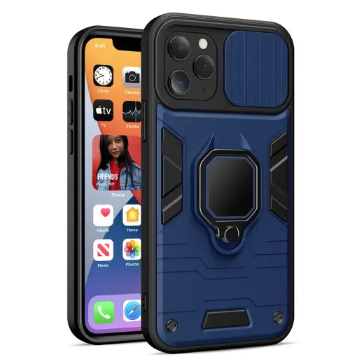 Ring Lens maciņš ar statīvu telefonam iPhone 13 Pro Max tumši zils (ar kameras aizsargu)
