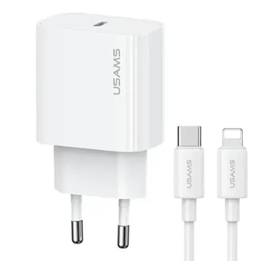 Зарядное устройство USAMS Yi Series OYXLTZ02 | 30W | PD | USB-C, Lightning | с кабелем USB-C на Lightning в комплекте | белое