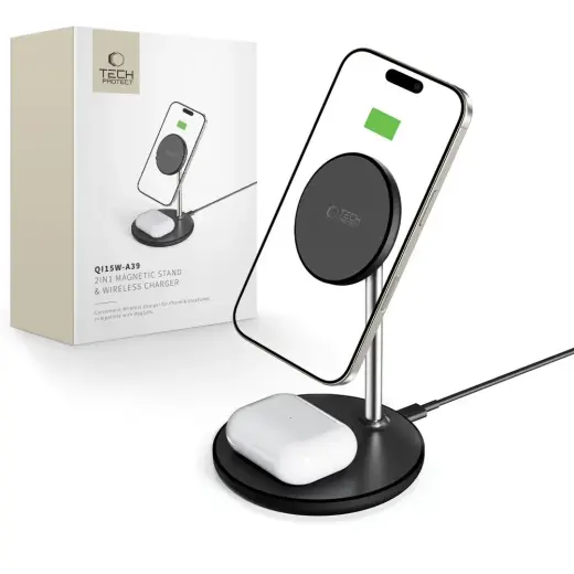 Tech-Protect QI15W-A39 2-in-1 bezvadu lādētājs | Qi | Saderīgs ar MagSafe | 15W | melns