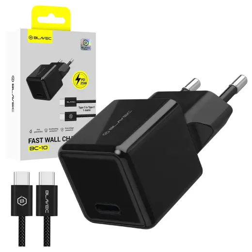 Blavec BC-10 tīkla lādētājs | 25W | PD | USB-C | ar USB-C uz USB-C vadu komplektā | melns