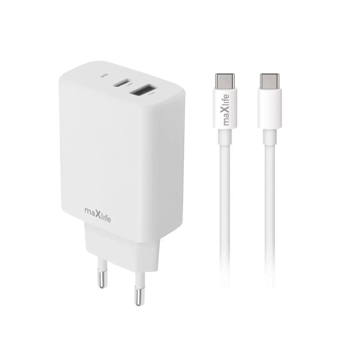 Зарядное устройство Maxlife MXTC-10-30AC | 30W | PD, QC | USB-C, USB-A | с кабелем USB-C на USB-C в комплекте | белое