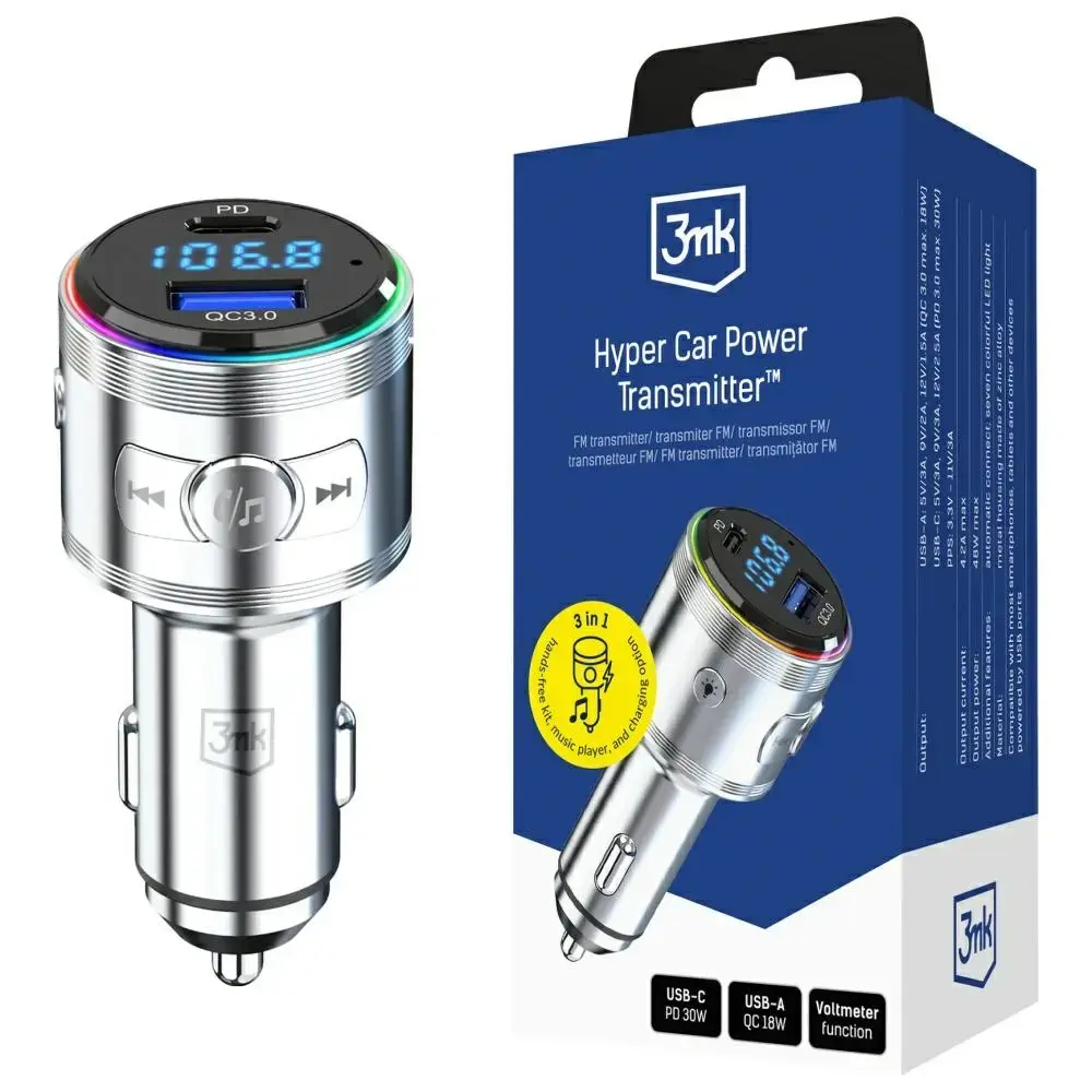 3MK Hyper Car Power Transmitter 48W | QC, PD, PPS | USB-C, USB-A | hõbedane
