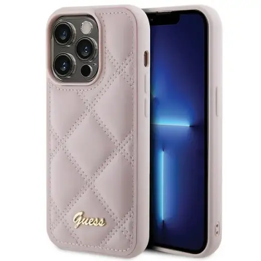 Guess GUHCP15XPSQSQSP Quilted Metal Logo maciņš telefonam iPhone 15 Pro Max rozā