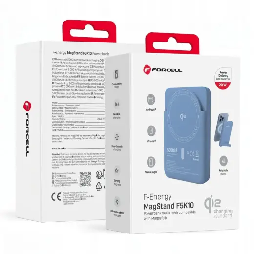 Forcell F-Energy MagStand Qi2 F5K10 ārējais akumulators (powerbank) | 5000 mAh | 20W | PD, QC | MagSafe | balts