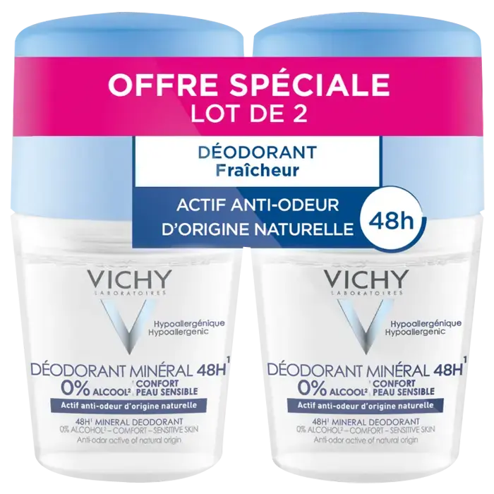 VICHY Mineral Deodorant 48H Roll on Antiperspirant Without Aluminum Salts 2X50ml
