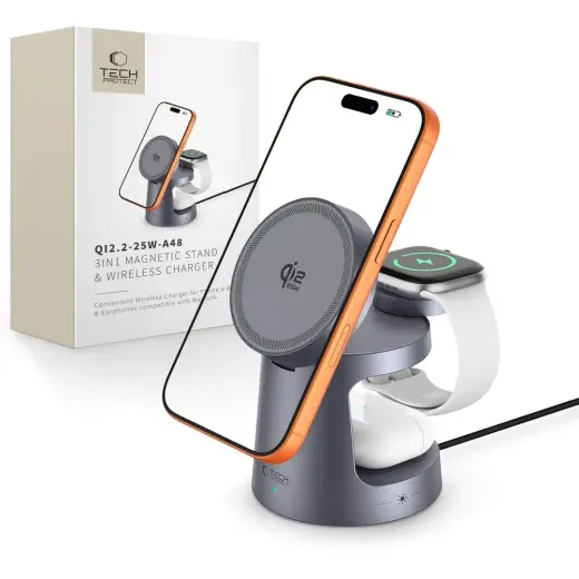 Tech-Protect QI2.2-25W-A48 3-in-1 bezvadu lādētājs | Qi 2.2 | Saderīgs ar MagSafe | 25W | pelēks