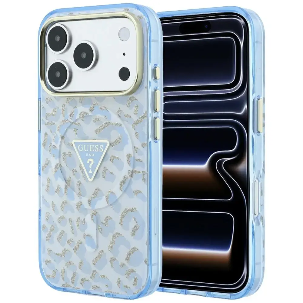 Guess IML Leopard Glitter Triangle Logo MagSafe Case for iPhone 17 Pro / 18 Pro - Blue
