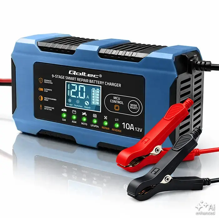Qoltec Smart Battery Charger 12V 10A | Rectifier with repair function | MCU | Auto OFF | 9-stage charging | AGM, GEL, LiFePO4