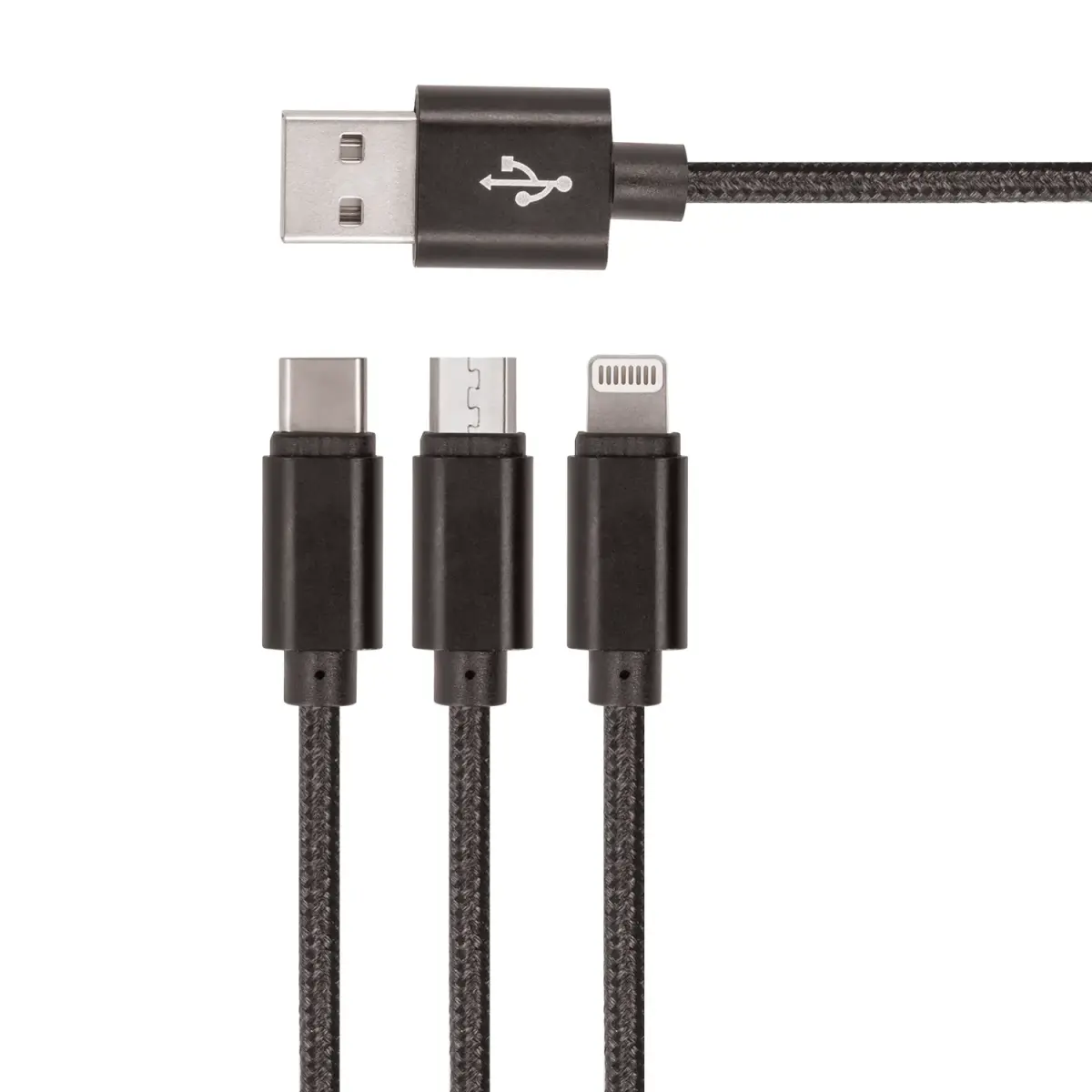 Нейлоновый USB-кабель Setty 3-в-1, черный | Кабель для передачи данных и зарядки 3-в-1 | USB-A — Micro USB, USB-C, Lightning | черный