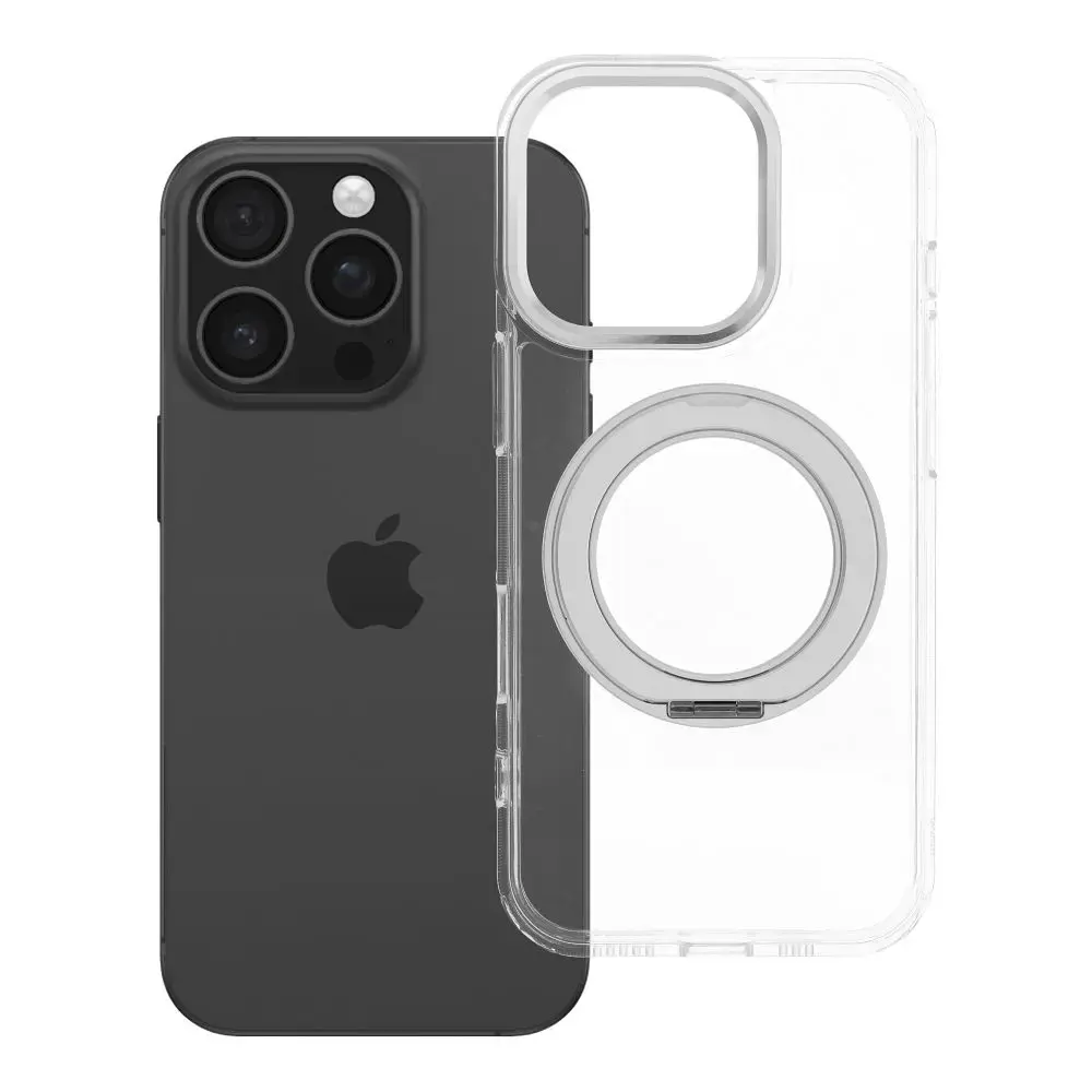 Frame Circle Stand telefono dėklas su stovu ir MagSafe palaikymu iPhone 16 Pro skaidrus