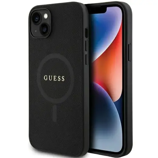 Guess GUHMP15SPSAHMCK Saffiano maciņš ar MagSafe atbalstu telefonam iPhone 15 melns