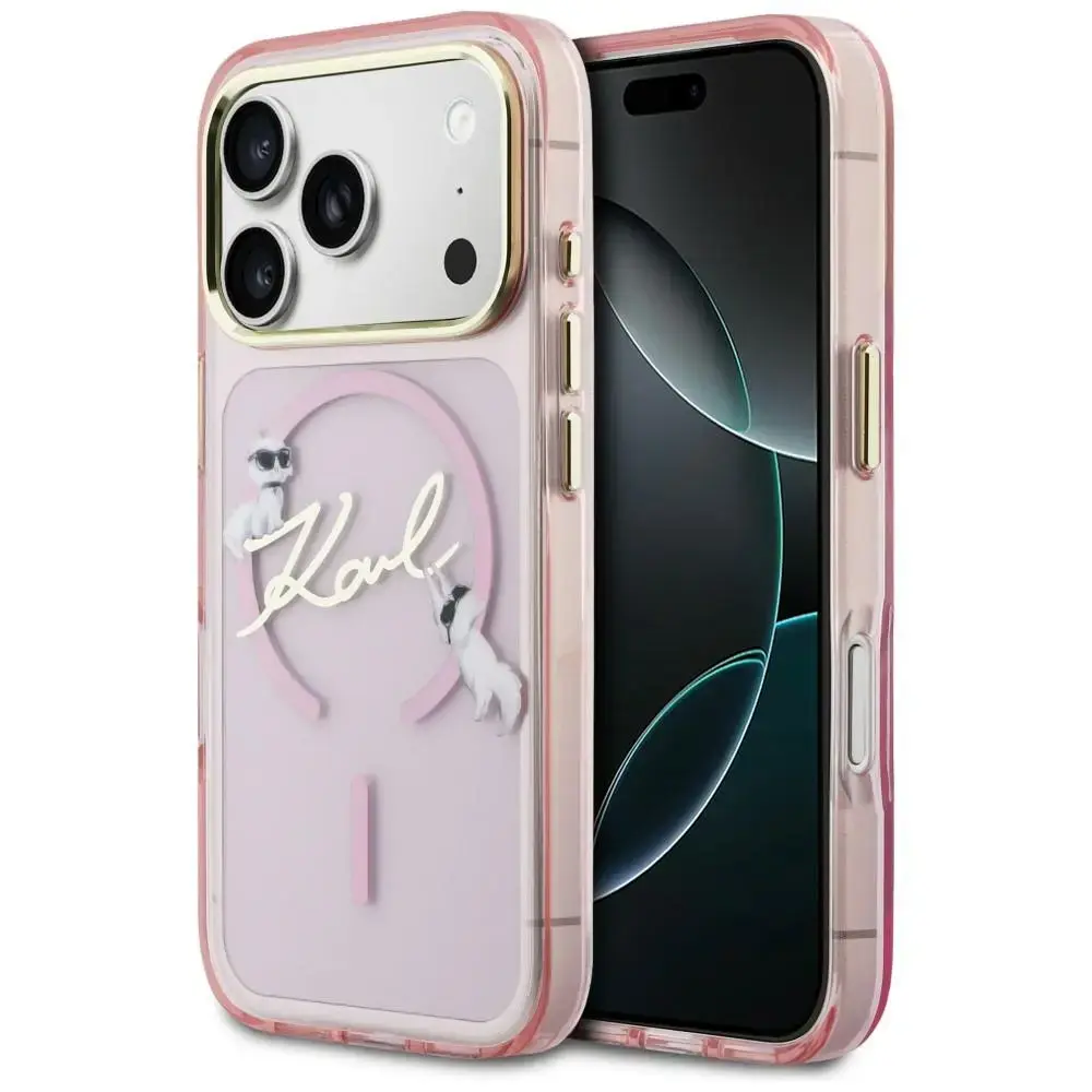 Karl Lagerfeld IML Choupettes Karl Script Logo telefono dėklas su MagSafe palaikymu iPhone 17 Pro rožinis