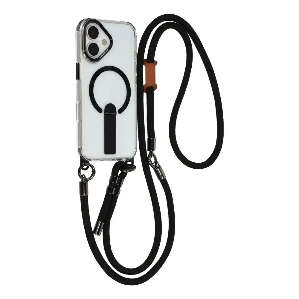 Ar statīvu, īsu siksniņu (30 cm) un garu siksniņu (120 cm) maciņš ar MagSafe atbalstu telefonam iPhone 17 melns