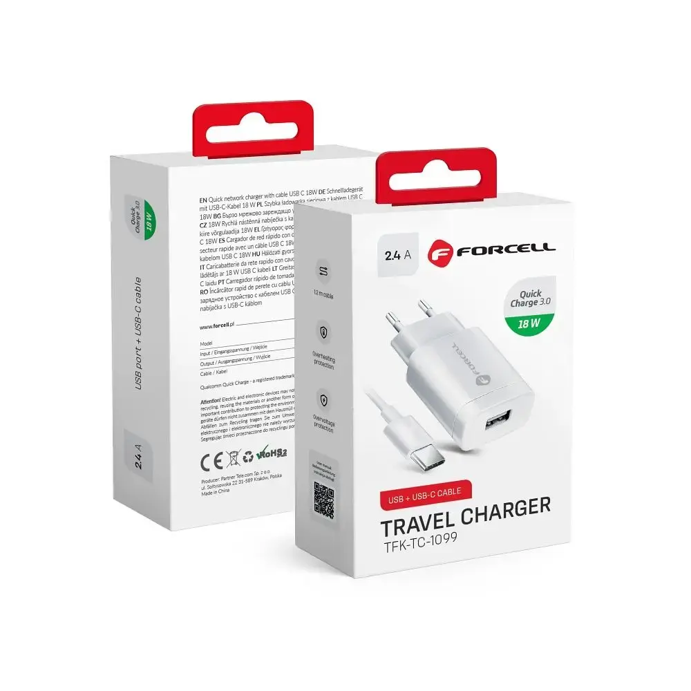 Зарядное устройство Forcell F-Energy | 18W | QC | USB-A, USB-C | с кабелем USB-A на USB-C в комплекте | белое