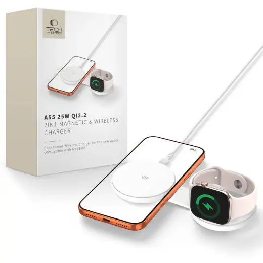 Tech-Protect A55 2-in-1 bezvadu lādētājs | Qi 2.2 | Saderīgs ar MagSafe | 25W | balts