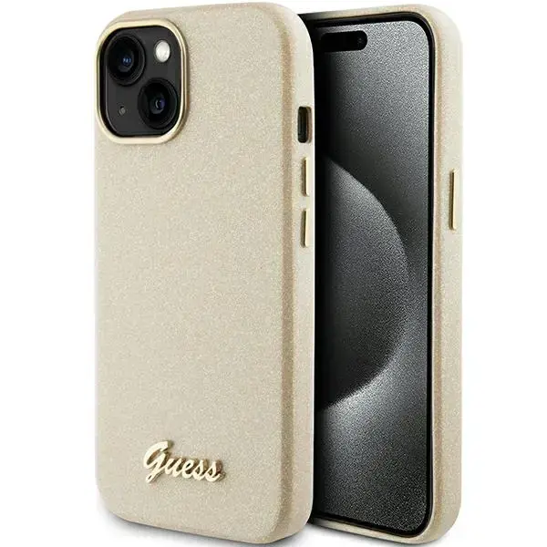 Guess GUHCP15SPGMCSD Glitter Glossy Script maciņš telefonam iPhone 15 zelta krāsā