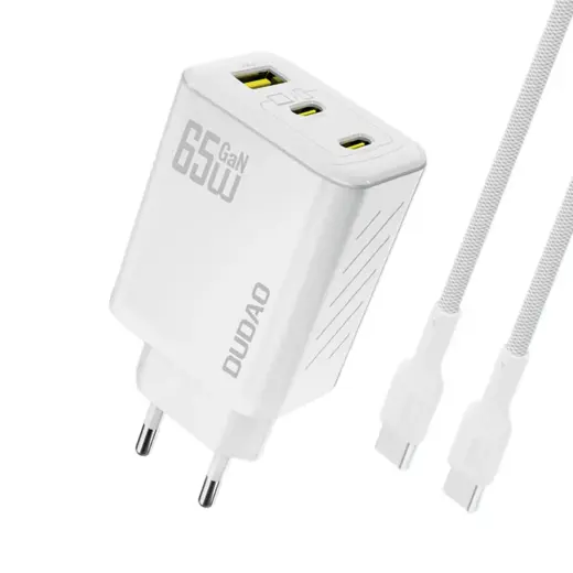 Зарядное устройство Dudao A29C | 65W | GaN, PD, QC | USB-C, USB-A | с кабелем USB-C на USB-C в комплекте | белое