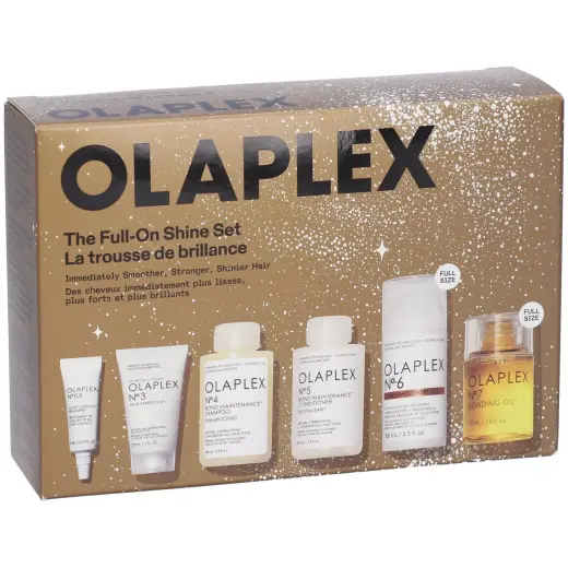 The Full-On Shine Set Olaplex: No.6 Bond Smoother, Hair Styling Cream, 100 ml + No.3 Hair Perfector, Hair Cream Treatment, For Revitalisation, 30 ml + No.4 Bond Maintenance, Hair Shampoo, Repairing & Strengthening, 30 ml + No. 0.5 Scalp Longevity Treatment, Scalp Lotion Treatment, For Hydration, 5 ml + No.5 Bond Maintenance , Hair Conditioner, Hydrating & Strengthening, 100 ml + No.7 Bonding, Hair Oil Conditioner, Repairing & Strengthening, 30 ml