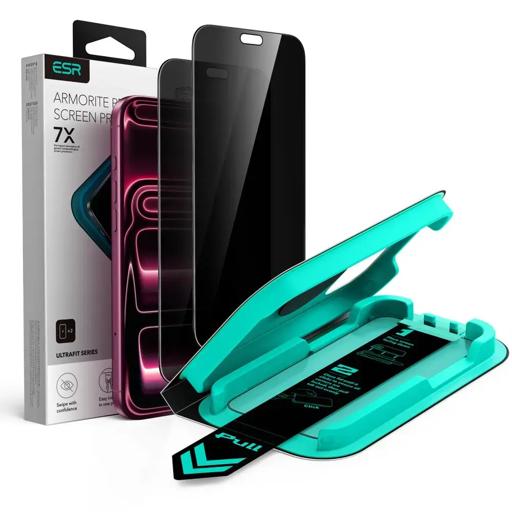 ESR UltraFit Armorite grūdintas apsauginis stiklas telefonui iPhone 18 Pro (privatumo efektas) su montavimo rėmeliu (2 vnt.)