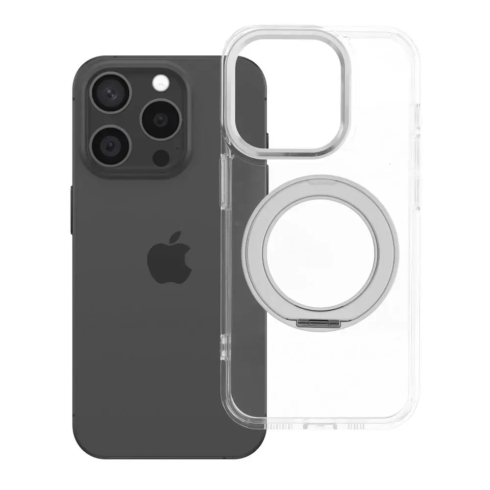 Frame Circle Stand phone case with stand and MagSafe support for iPhone 15 Pro transparent
