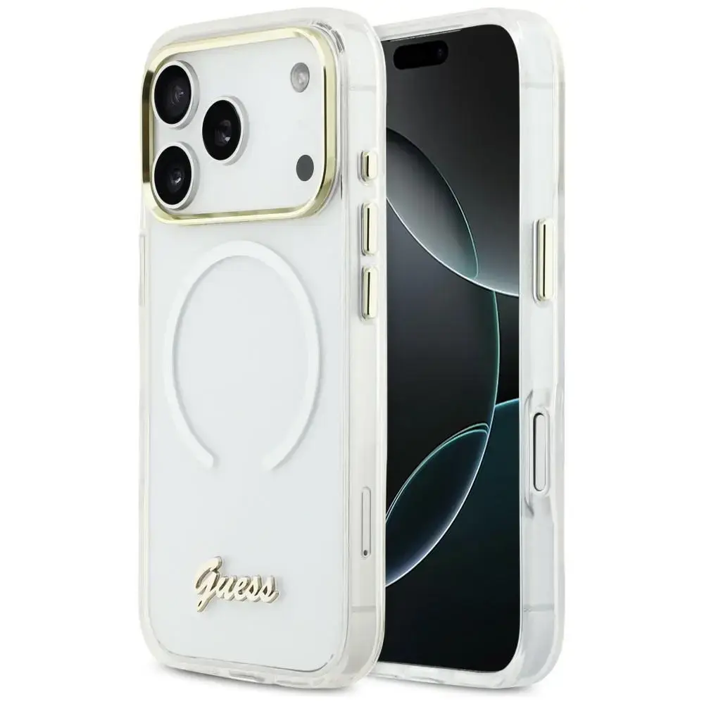 Guess IML Gradient Script Metal maciņš ar MagSafe atbalstu telefonam iPhone 17 Pro Max balts