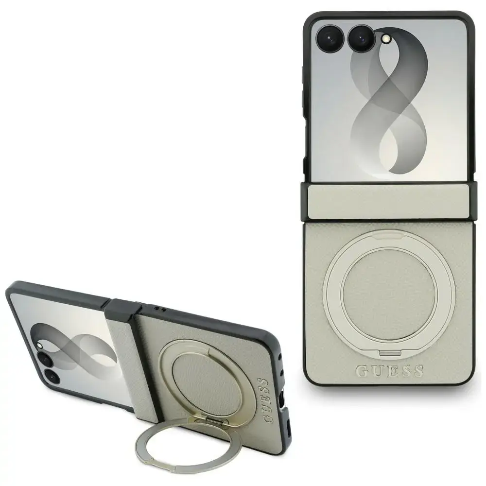 Guess Grained Classic Logo maciņš ar statīvu un MagSafe atbalstu telefonam Samsung Galaxy Z Flip8 bēšs