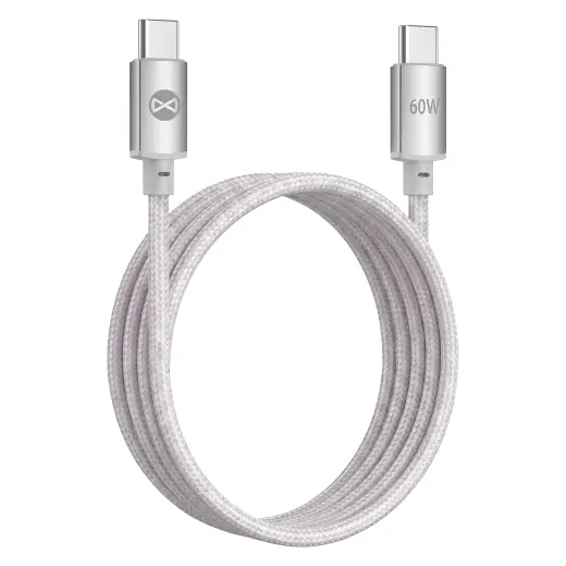 Forever Vibe datu pārraides un uzlādes vads | USB-C uz USB-C | 60W | 1m | sudraba krāsā