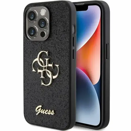 Guess GUHCP15XHG4SGK Glitter Script Big 4G maciņš telefonam iPhone 15 Pro Max melns