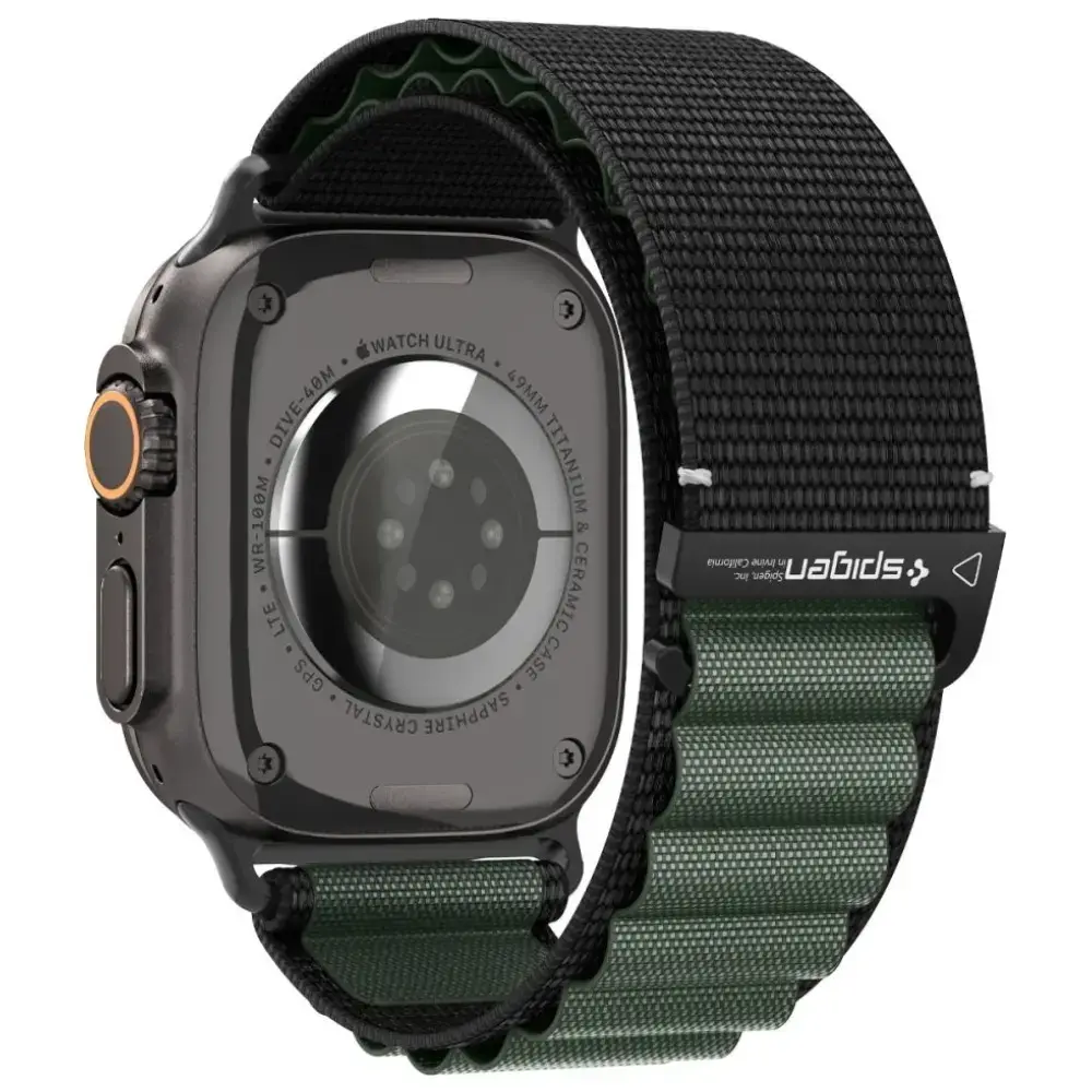 Spigen WBF1 viedpulksteņa siksniņa priekš Apple Watch 6/7/8/9/10/11/SE/SE 3/Ultra 1/Ultra 2/Ultra 3 (44/45/46/49 mm) | neilons | melna/zaļa