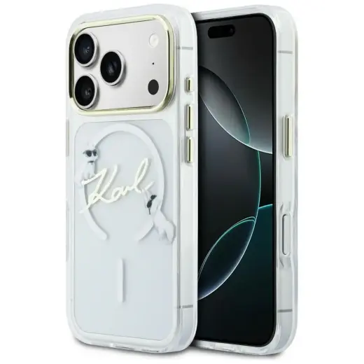 Karl Lagerfeld IML Choupettes Karl Script Logo telefono dėklas su MagSafe palaikymu iPhone 17 Pro skaidrus