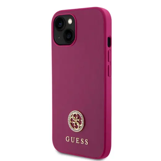 Guess PU 4G Strass Metal Logo Case for iPhone 15 rozā