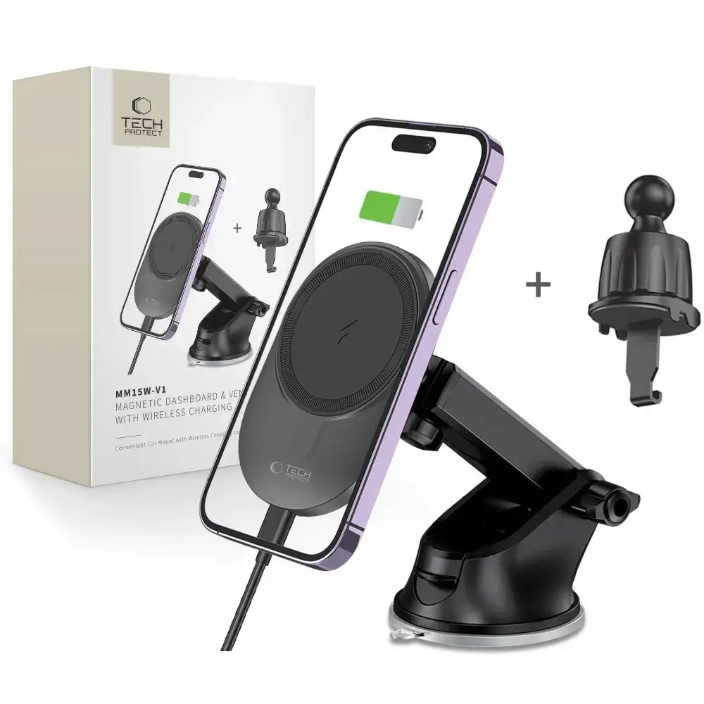 Tech-Protect MM15W-V1 magnetic car phone holder for air vent and windshield with 15W wireless charging MagSafe compatible black