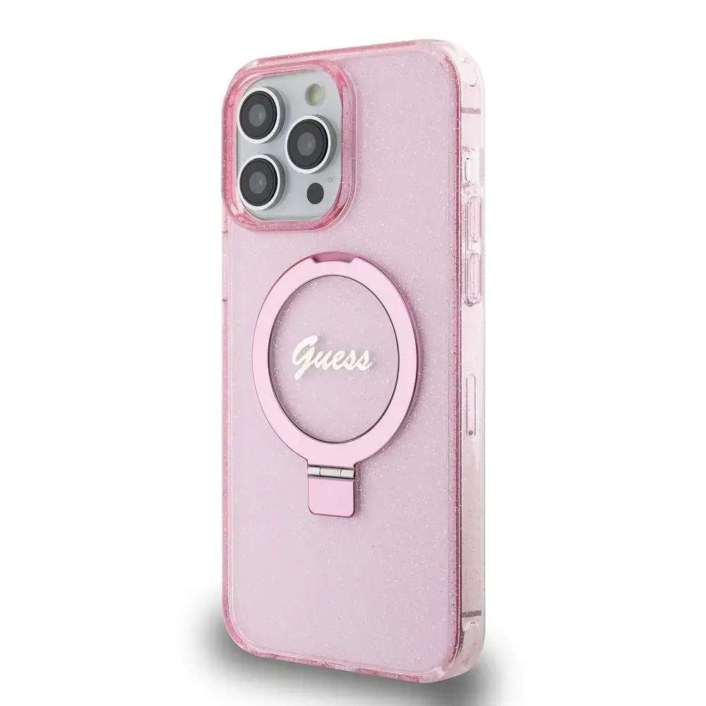 Guess IML Ring Stand Glitter phone case with stand and MagSafe support for iPhone 15 Pro Max pink