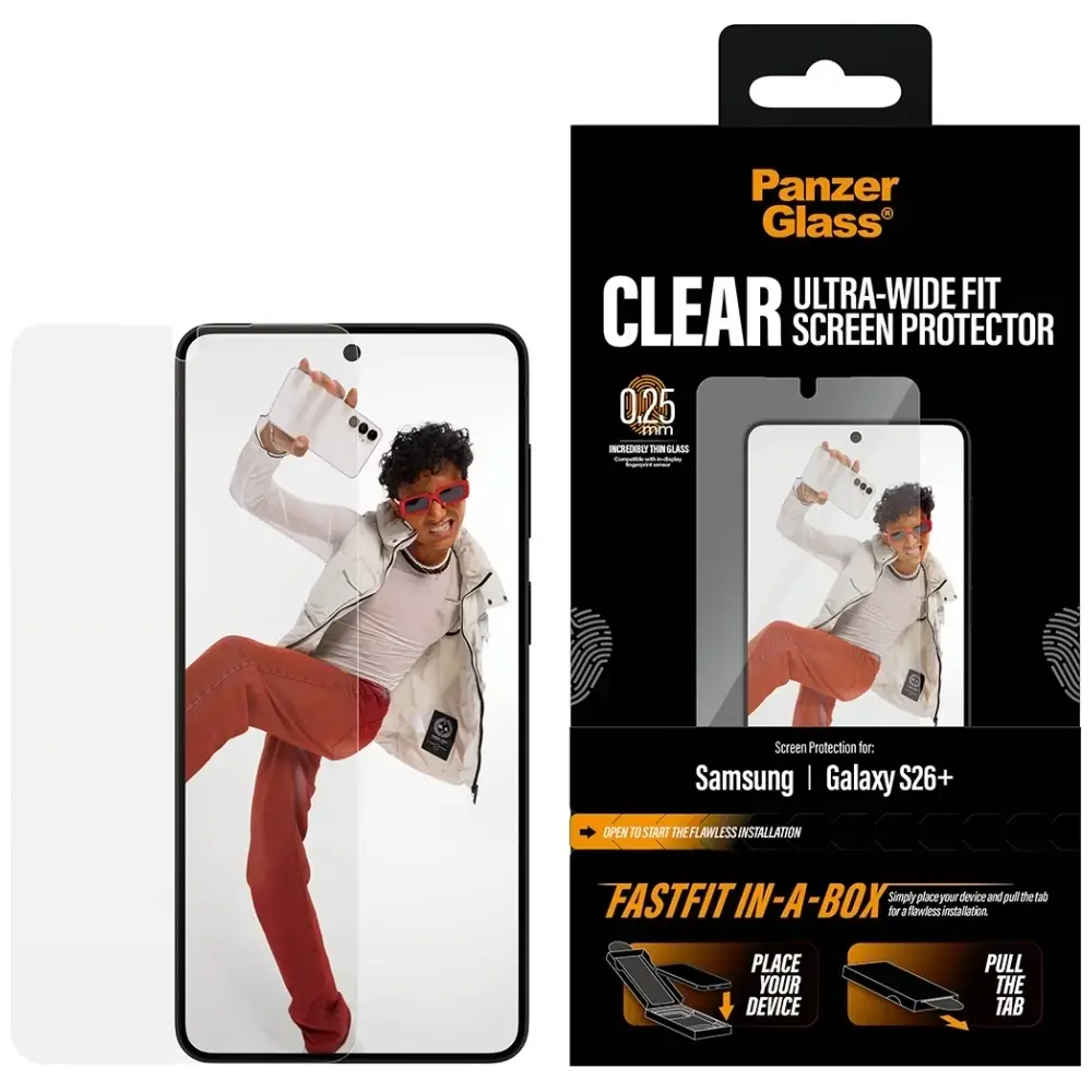 PanzerGlass Ultra-Wide Fit FastFit karastatud kaitseklaas telefonile Galaxy S26+ paigaldusraamiga