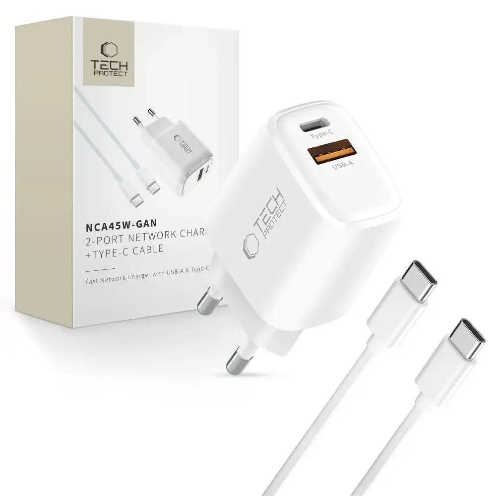 Tech-Protect NCA45W-GAN tīkla lādētājs | 45W | PD, QC, GaN | USB-C, USB-A | ar USB-C uz USB-C vadu komplektā | balts