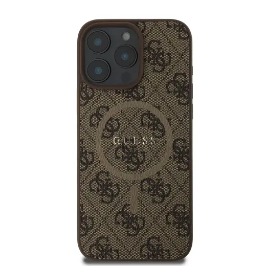 Guess GUHMP16LG4GFRW 4G Ring Classic Logo maciņš ar statīvu un MagSafe atbalstu telefonam iPhone 16 Pro brūns