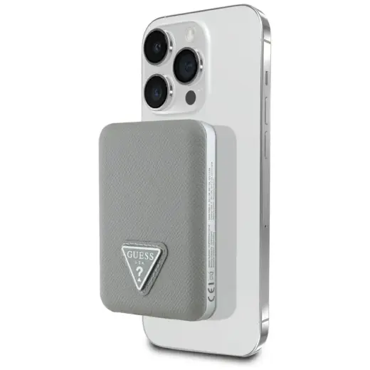 Guess Grained Triangle ārējais akumulators (powerbank) | 5 000 mAh | 15W | USB-C, MagSafe, Wireless | bēšs