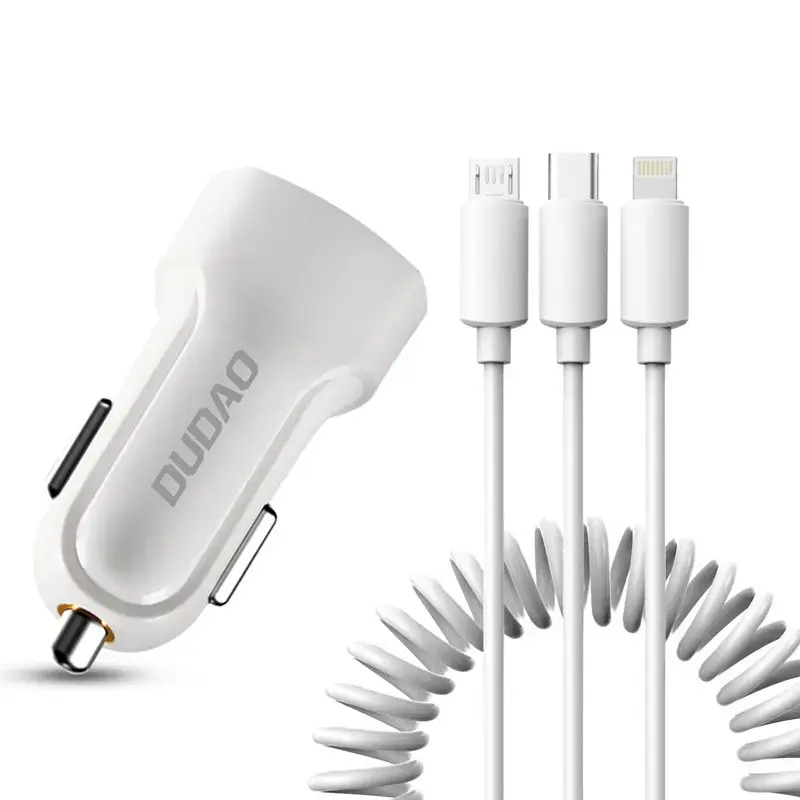 Dudao R7 auto lādētājs | 12W | USB-A | ar USB-A uz Lightning, USB-C, micro USB vadu komplektā | balts