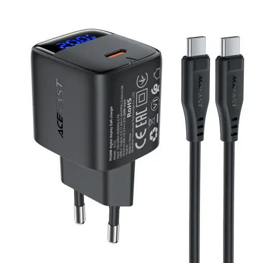 Acefast A113 travel charger | 20W | PD, GaN | USB-C | with USB-C to USB-C cable included | black