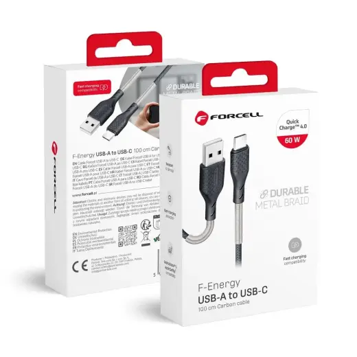 Forcell F-Energy CB-02A datu pārraides un uzlādes vads | USB-A uz USB-C | QC 4.0 | 60W | 1m | melns