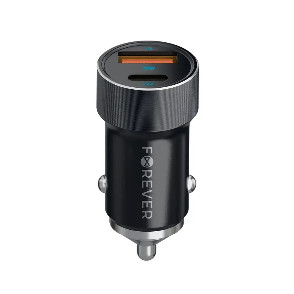 Зарядка для автомобиля Forever CC-06 | 20W | PD, QC | USB-C, USB-A | с кабелем USB-C на USB-C в комплекте | черная