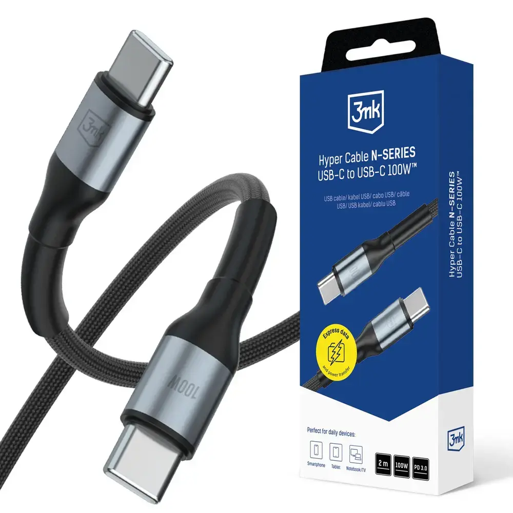 3mk Hyper N-SERIES data transfer and charging cable | USB-C to USB-C | PD | 100W | 2m | black