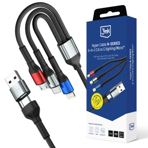 3mk Hyper N-SERIES 6-in-1 datu pārraides un uzlādes vads | USB-C, USB-A uz USB-C, Lightning, Micro USB | QC 3.0 | 18W | 1.2m | melns