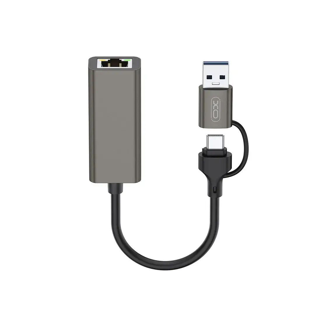 XO HUB018 2-in-1 USB šakotuvas | USB-A & USB-C į RJ45 | pilkas