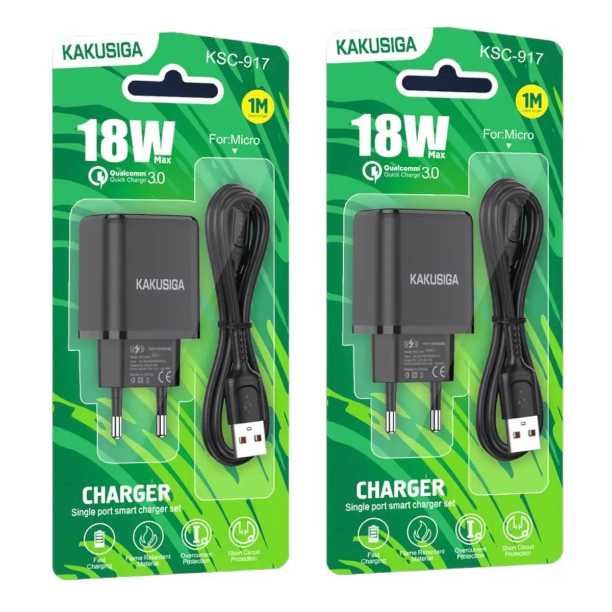 KAKUSIGA KSC-917 reisilaadija | 18W | USB-A | USB-C - USB-C kaabel kaasas | must