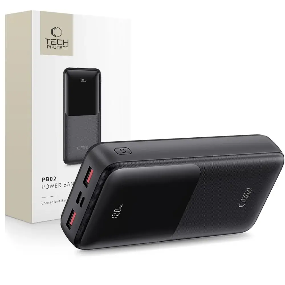 Tech-Protect PB02 external battery (powerbank) | 20000 mAh | 22.5W | USB-A, USB-C, Micro USB | LED display | black